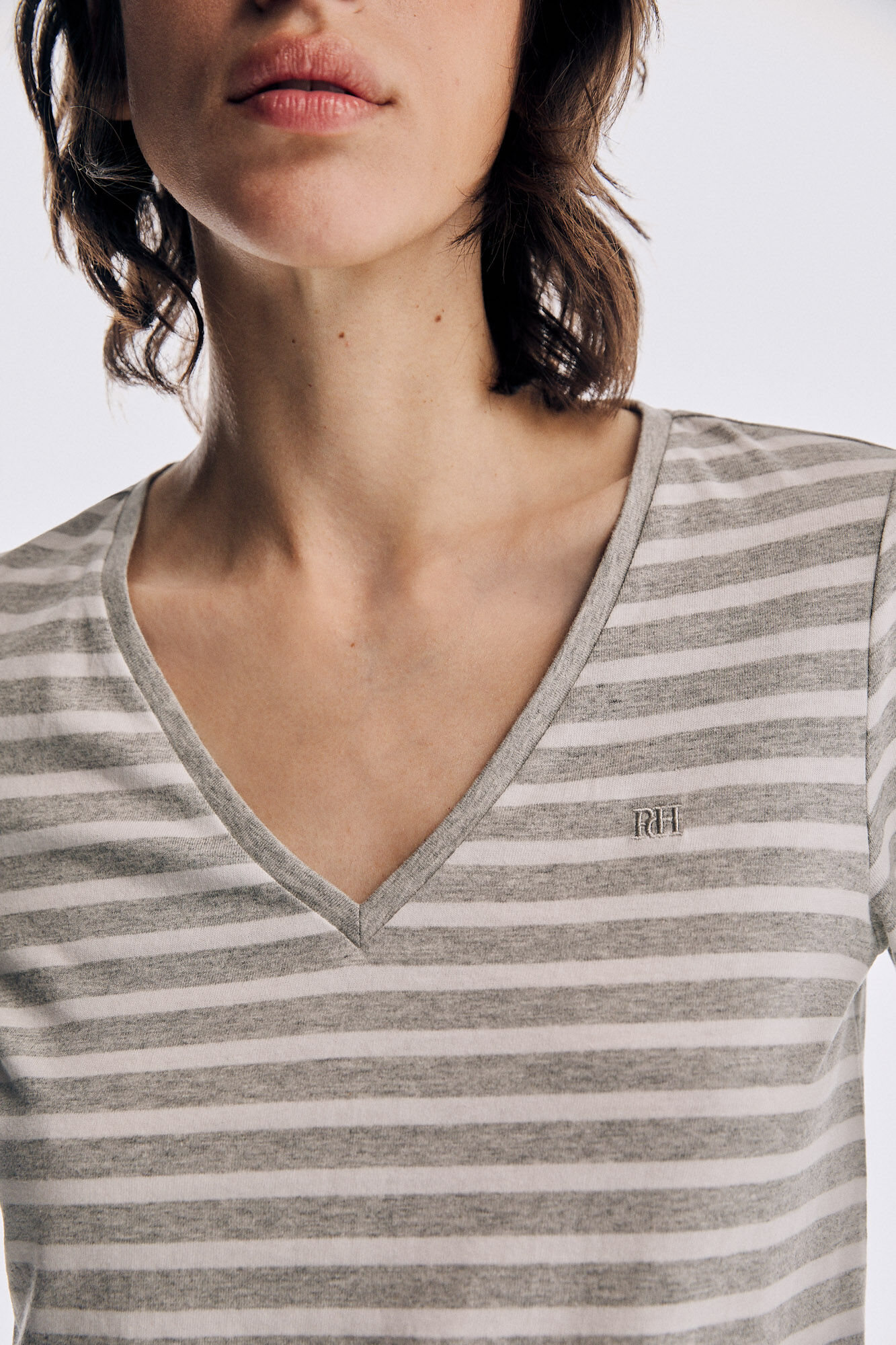 Pedro del Hierro Camiseta de rayas cuello pico manga larga logo Rosa