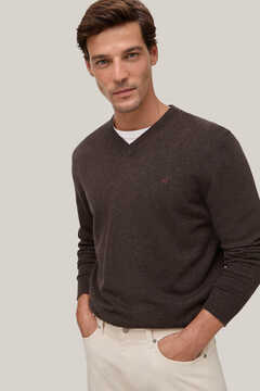 Pedro del Hierro V-neck wool and cashmere jumper Brown