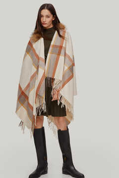 Pedro del Hierro Striped poncho with racoon trim Beige