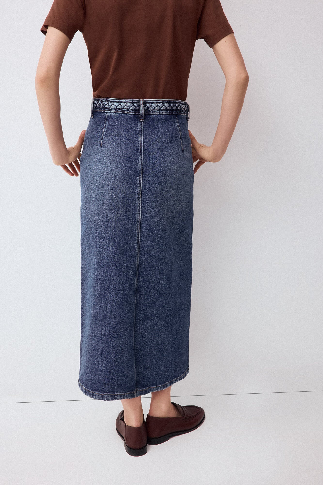 Pedro del Hierro Denim straight skirt with braided detail Blue