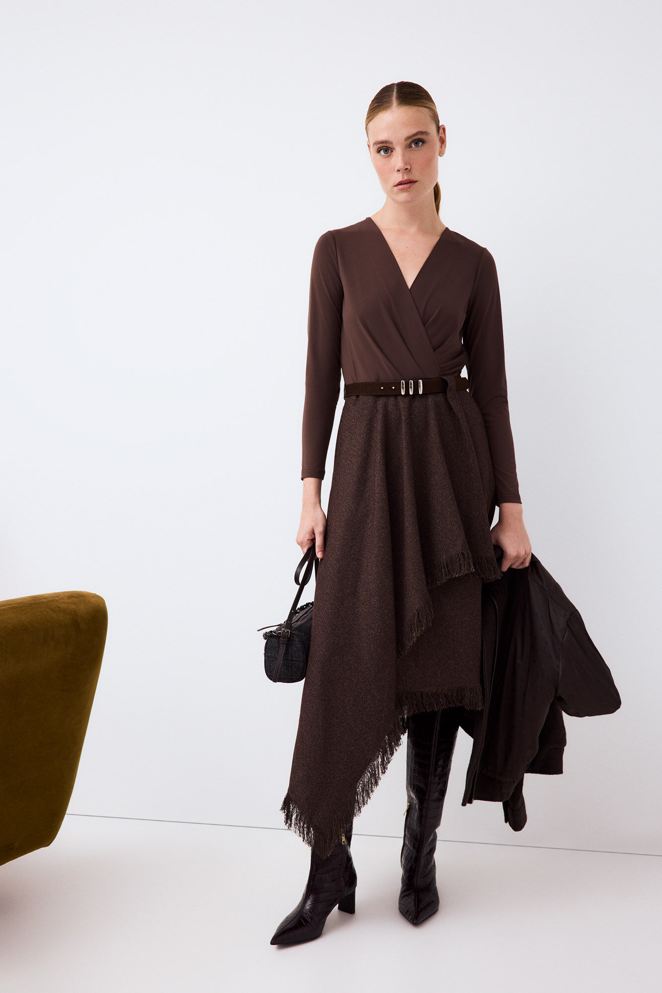 Pedro del Hierro Long sleeve combination dress Brown