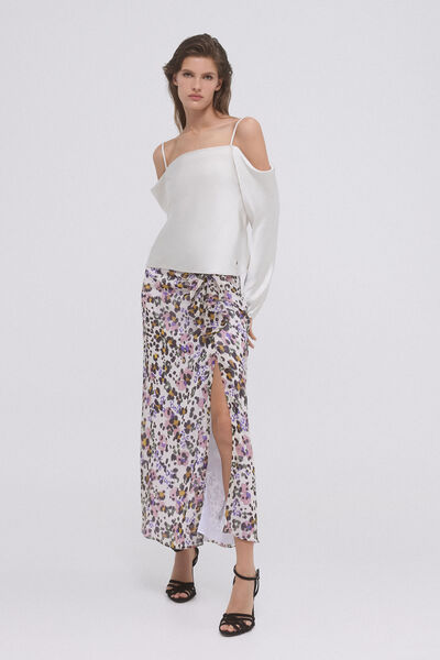 Pedro del Hierro Long printed skirt with slit. Ivory