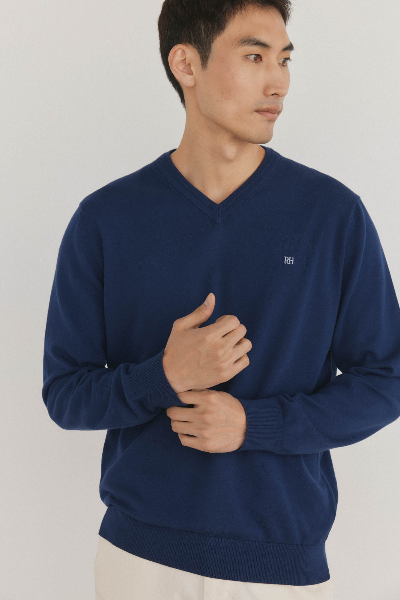 Pedro del Hierro Premium cotton fine jersey-knit V neck Blue