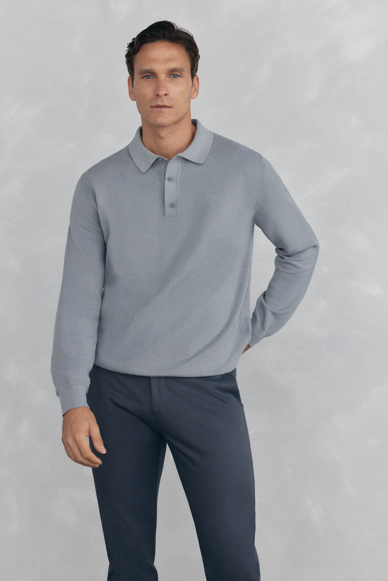 Pedro del Hierro Fine knit structured polo shirt neck jersey-knit  Grey