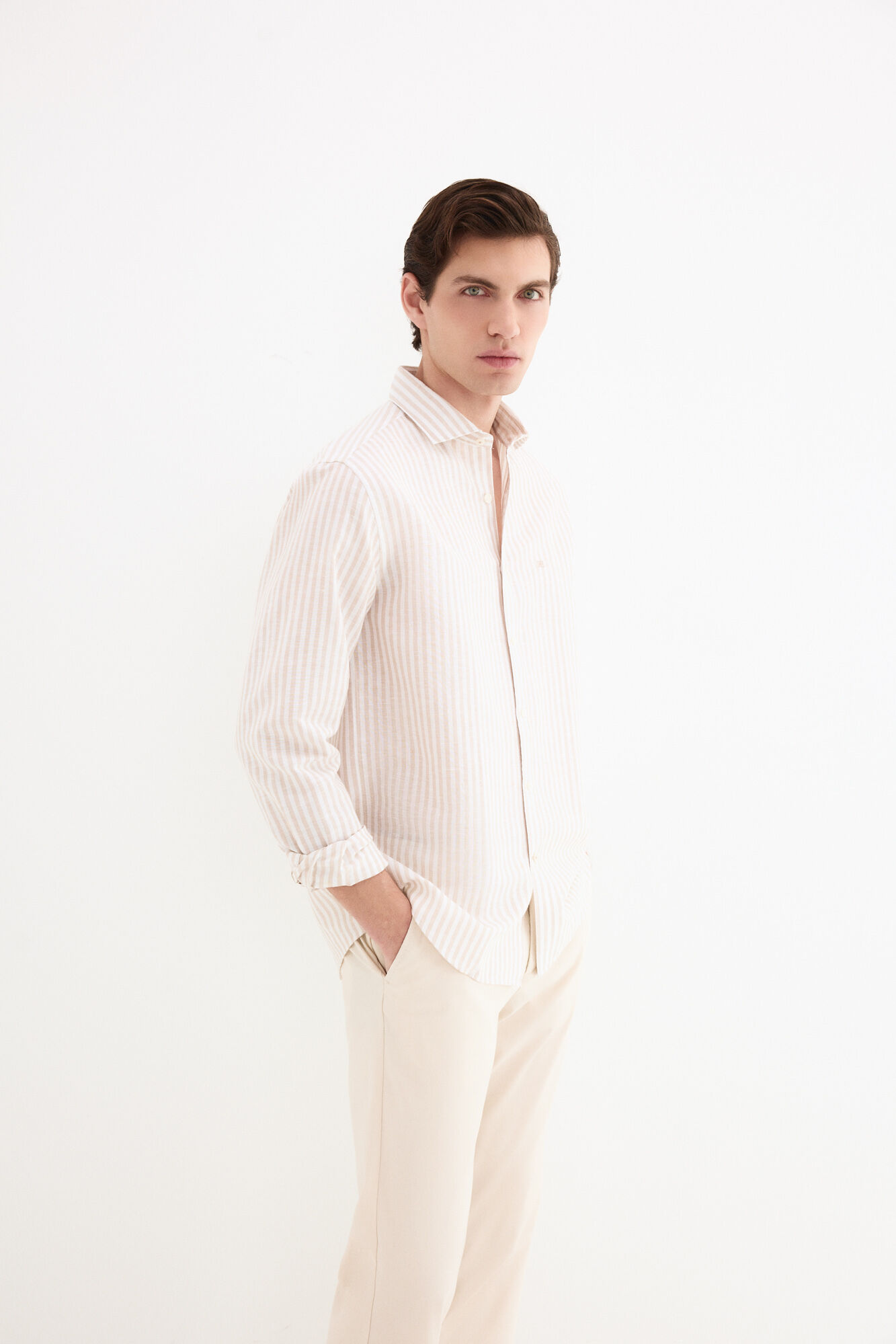 Pedro del Hierro Linen striped easy-iron dress shirt Beige