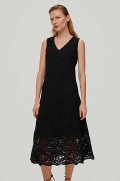 Pedro del Hierro Midi dress with crochet straps, V-neck and A-line skirt Black