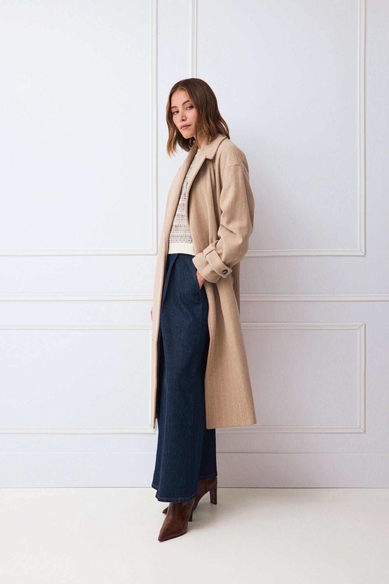 TFP by Tamara Falc&oacute; Pinstriped long coat Ecru