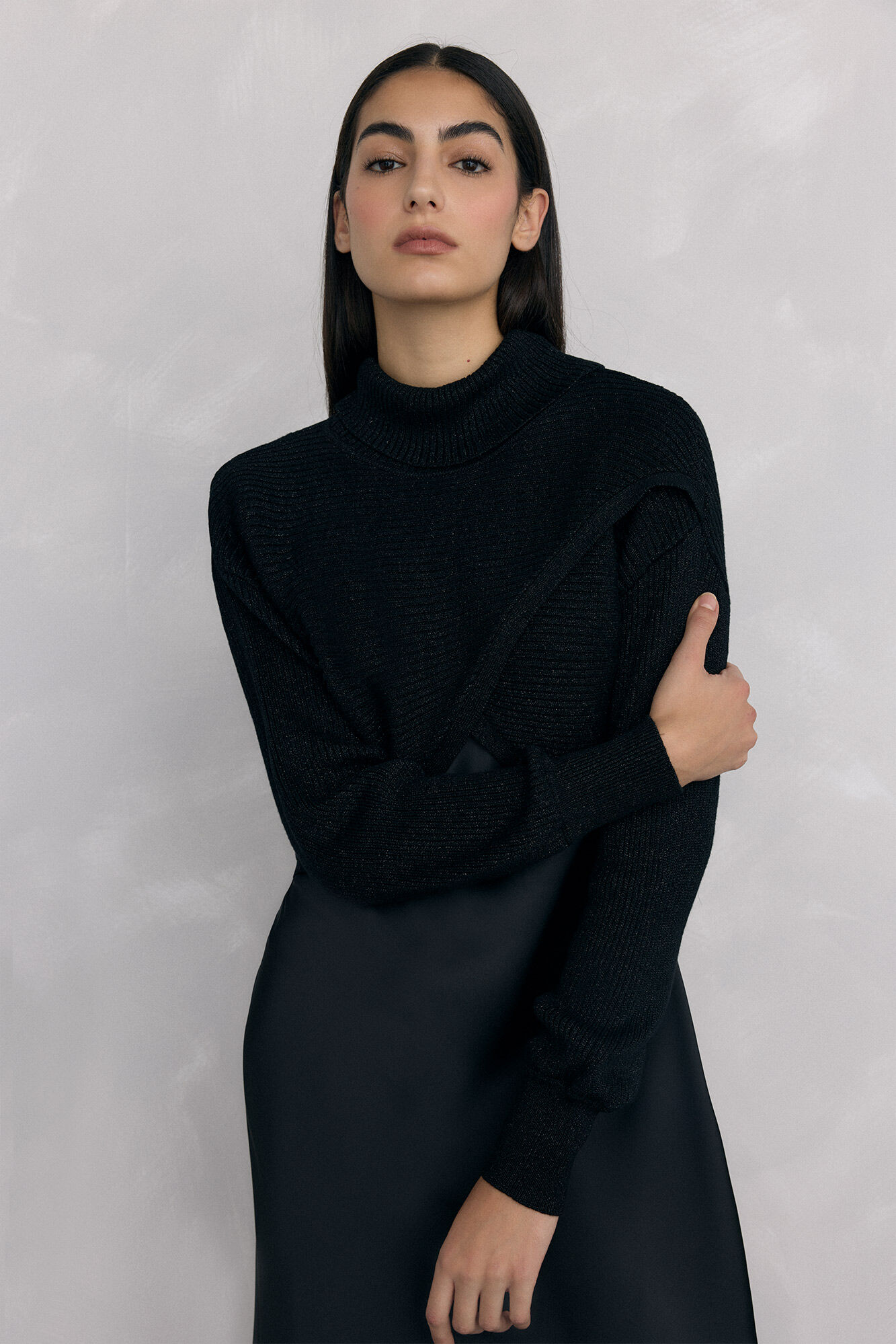 Pedro del Hierro Satin dress combined with lurex jersey-knit top Black