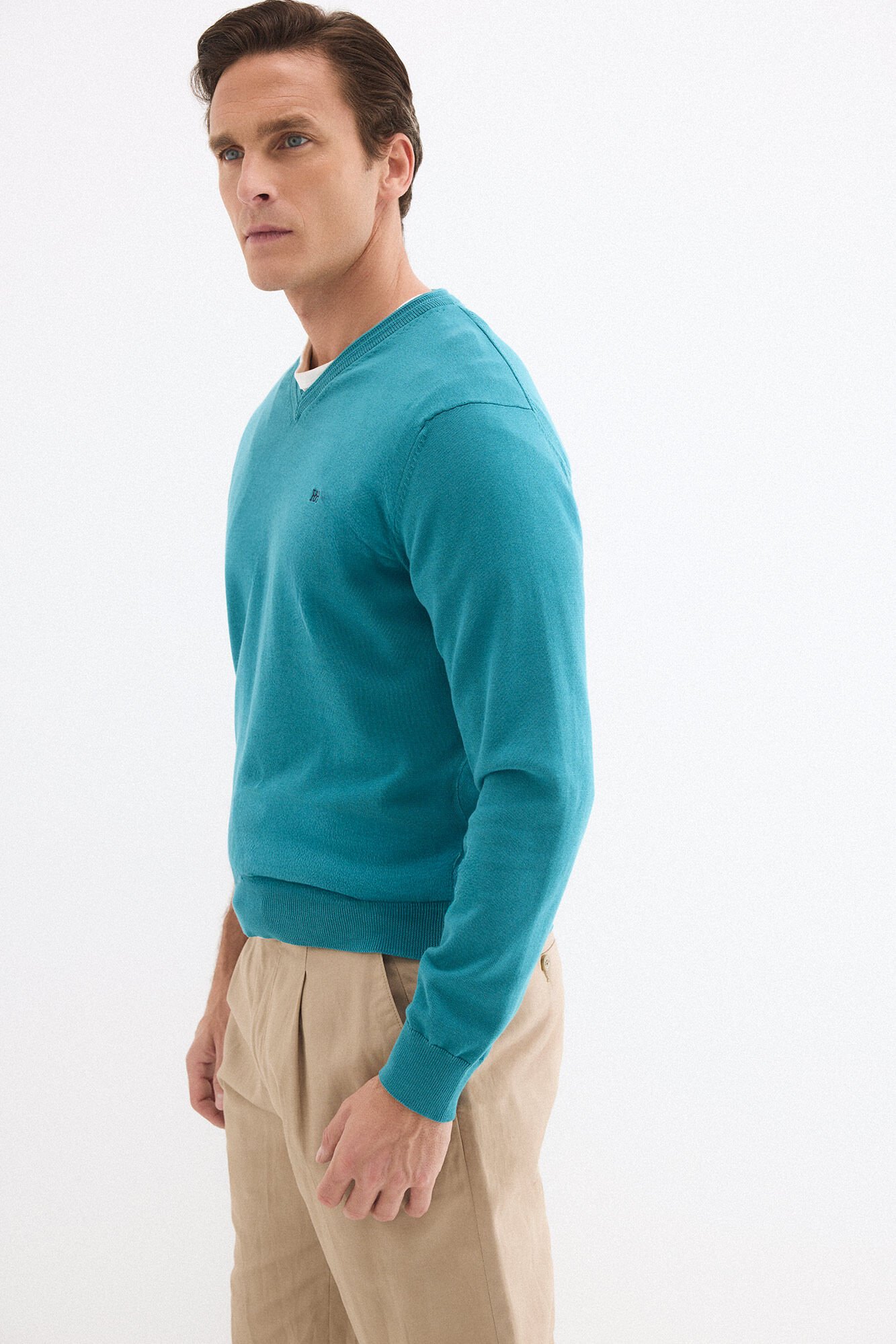 Pedro del Hierro Premium cotton knit V-neck jumper Turquoise