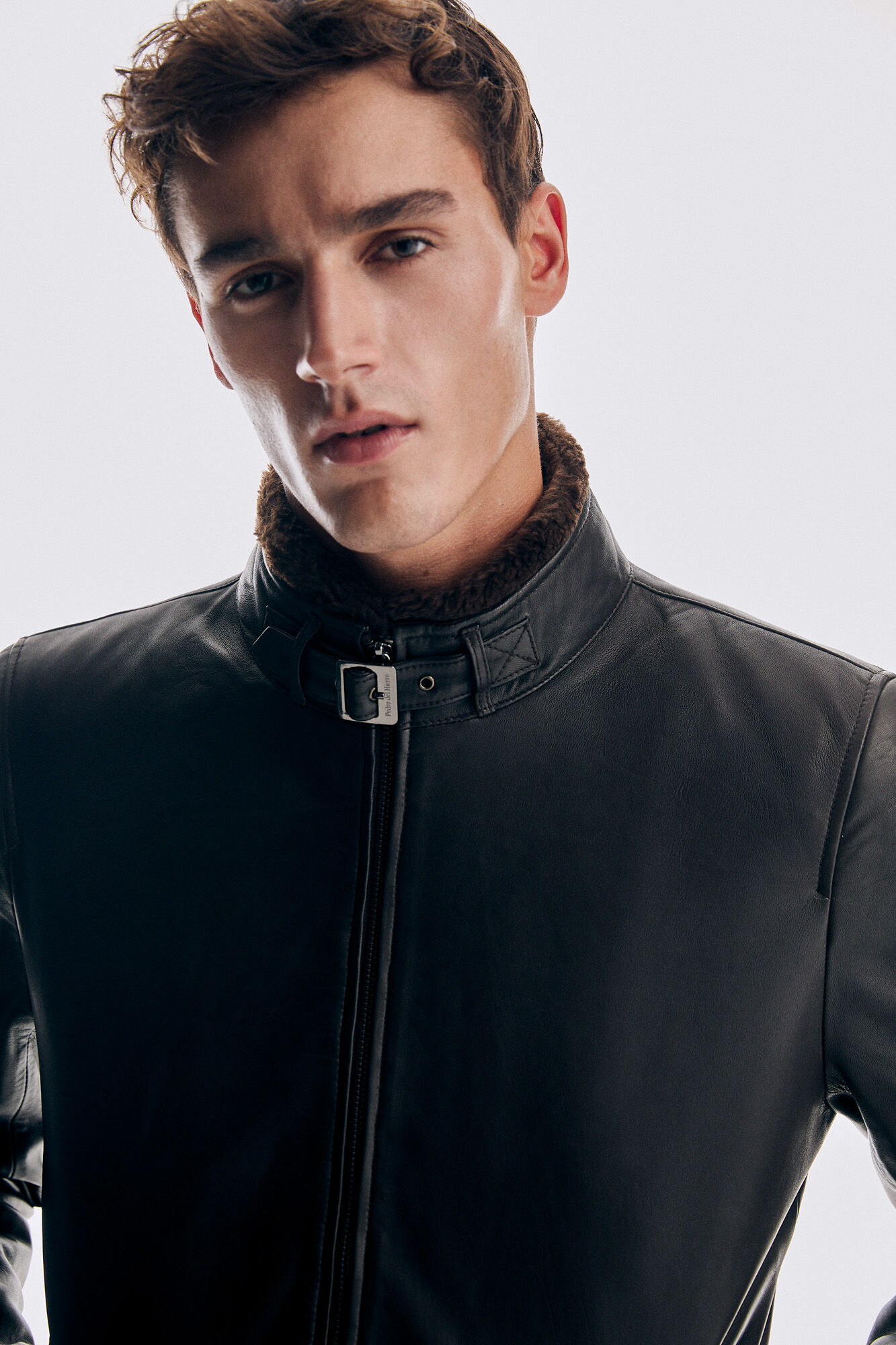 Pedro del Hierro Leather jacket fur collar Brown