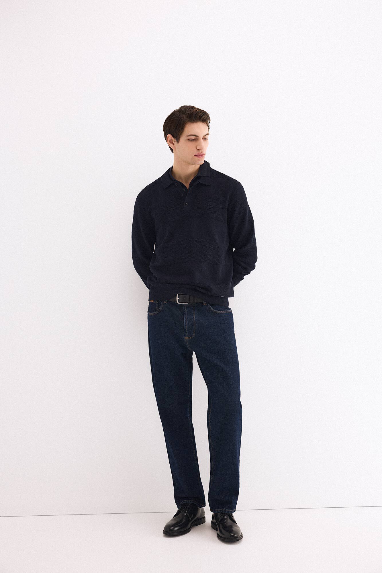 Pedro del Hierro Cotton long sleeve textured polo jumper Blue