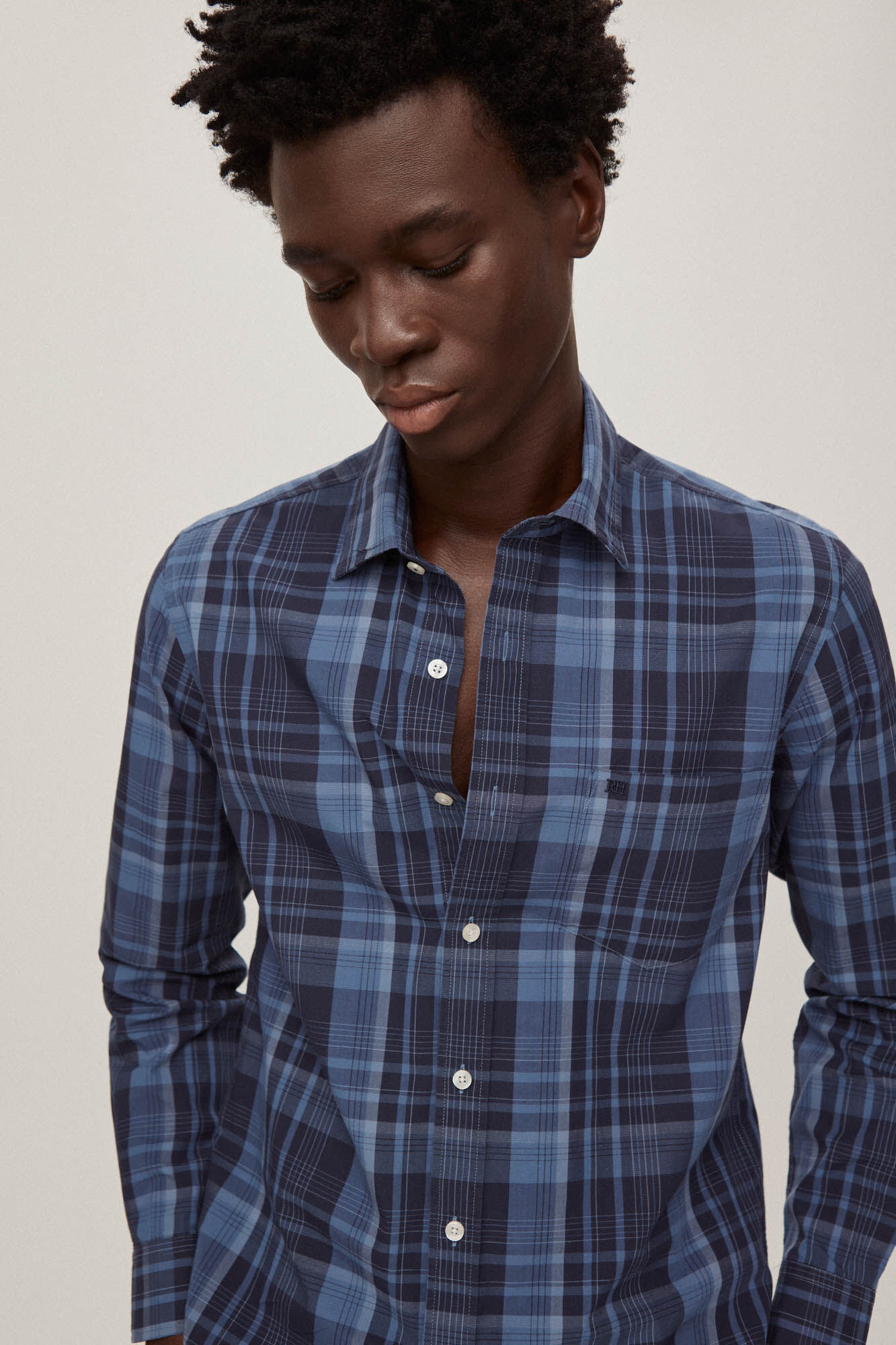 Pedro del Hierro Checked linen and cotton shirt Blue