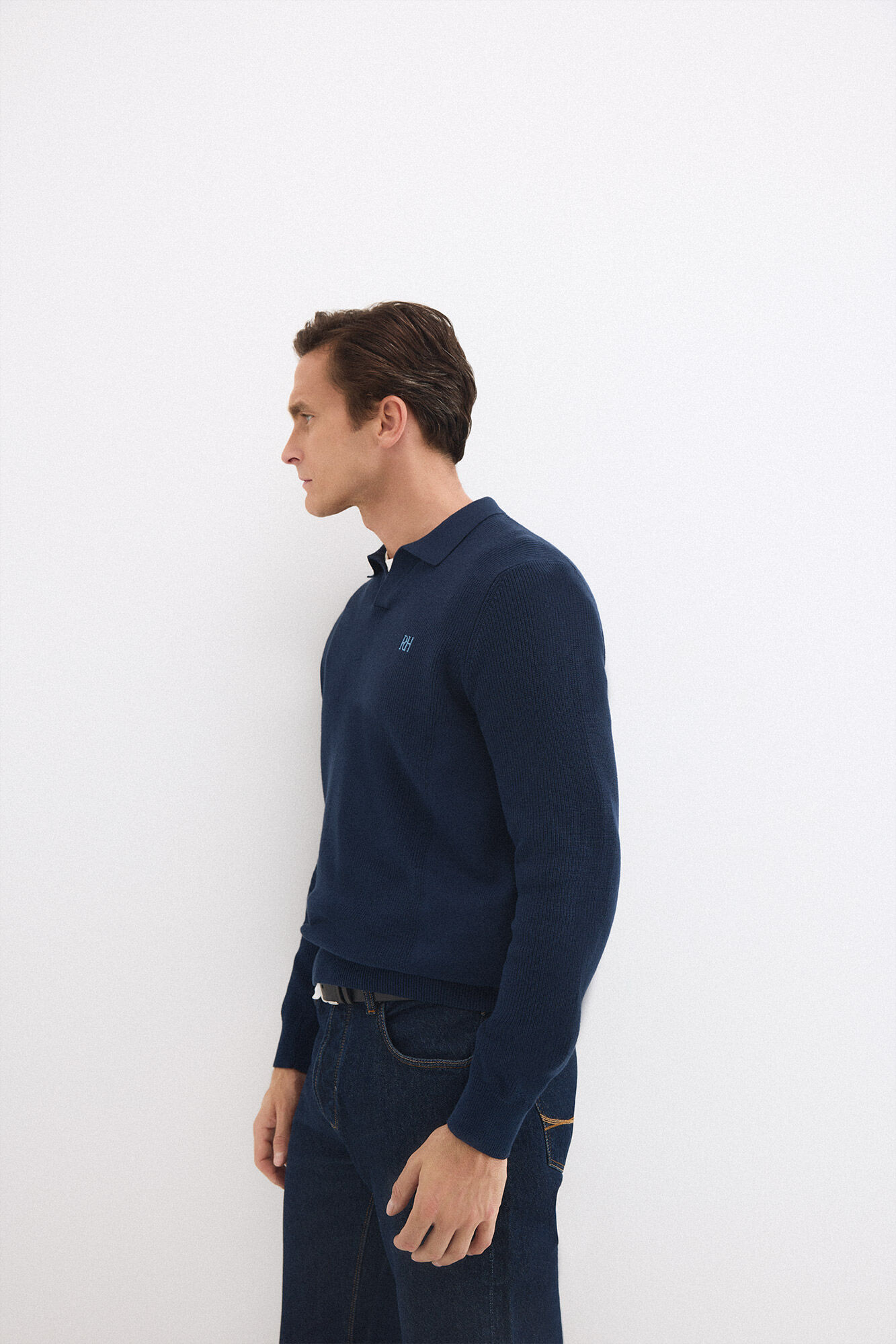 Pedro del Hierro Cotton ribbed long sleeve polo jumper