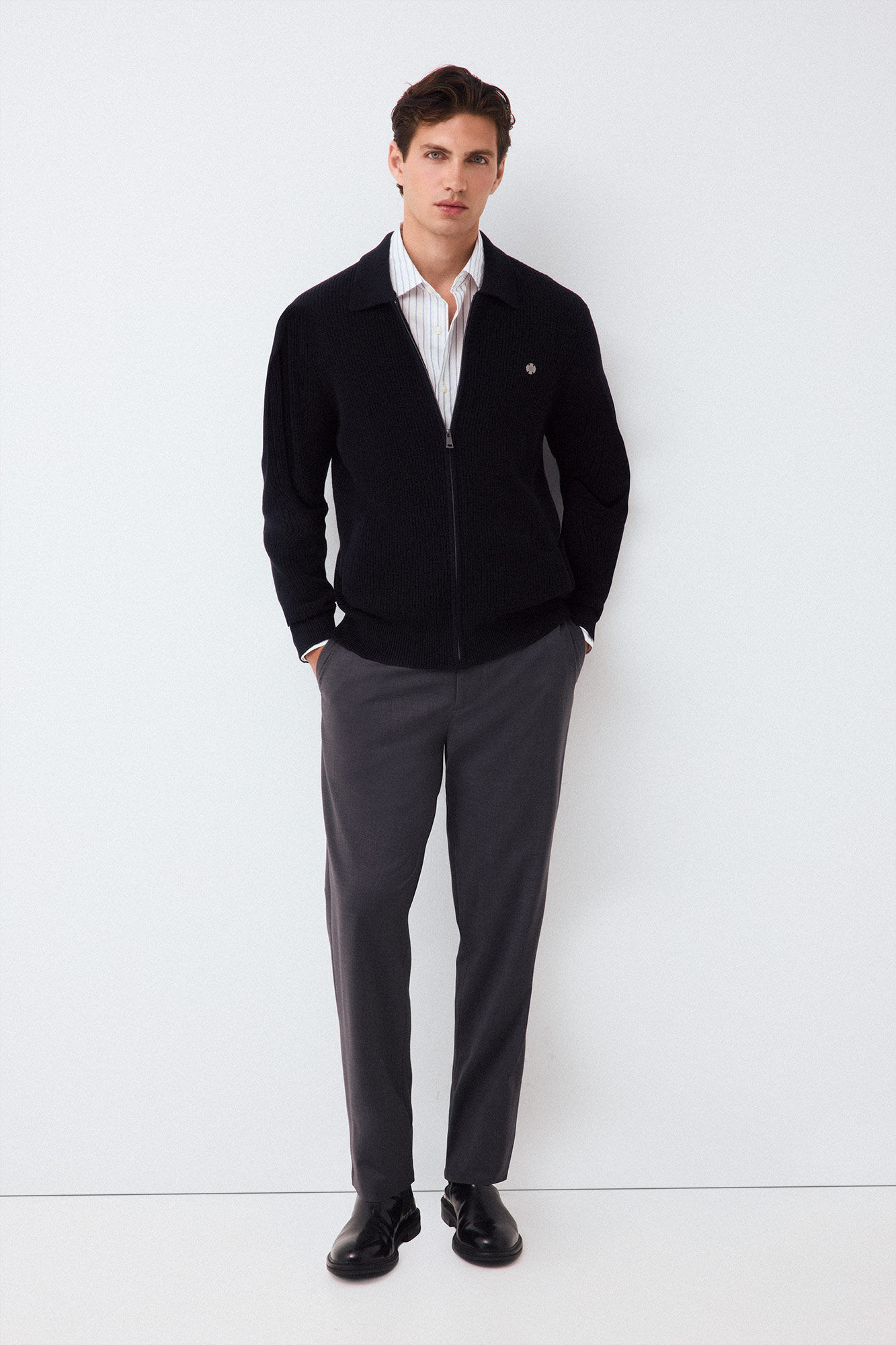 Pedro del Hierro Polo neck knit structure cardigan with zip fastening Blue
