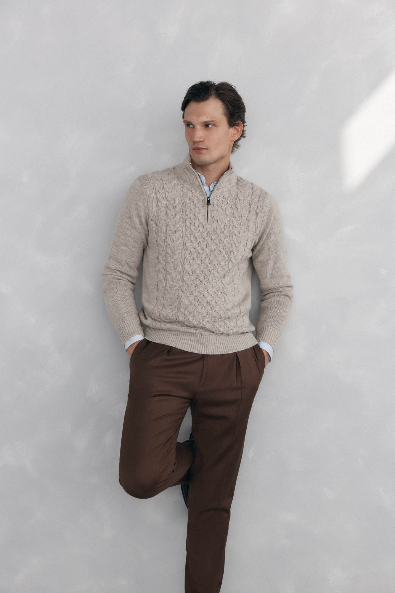 Pedro del Hierro Structured wool jersey-knit sweater with zip fastening Beige