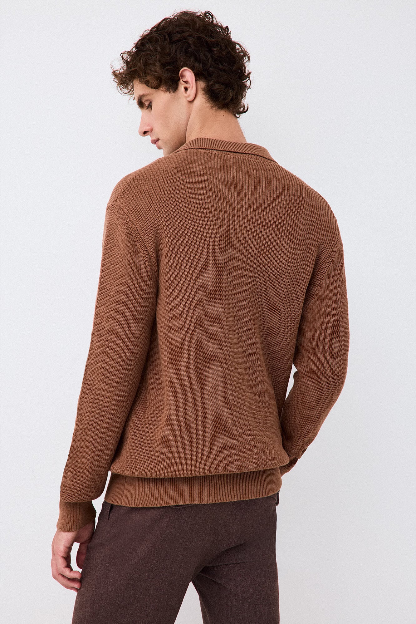 Pedro del Hierro Polo neck knit structure cardigan with zip fastening Brown