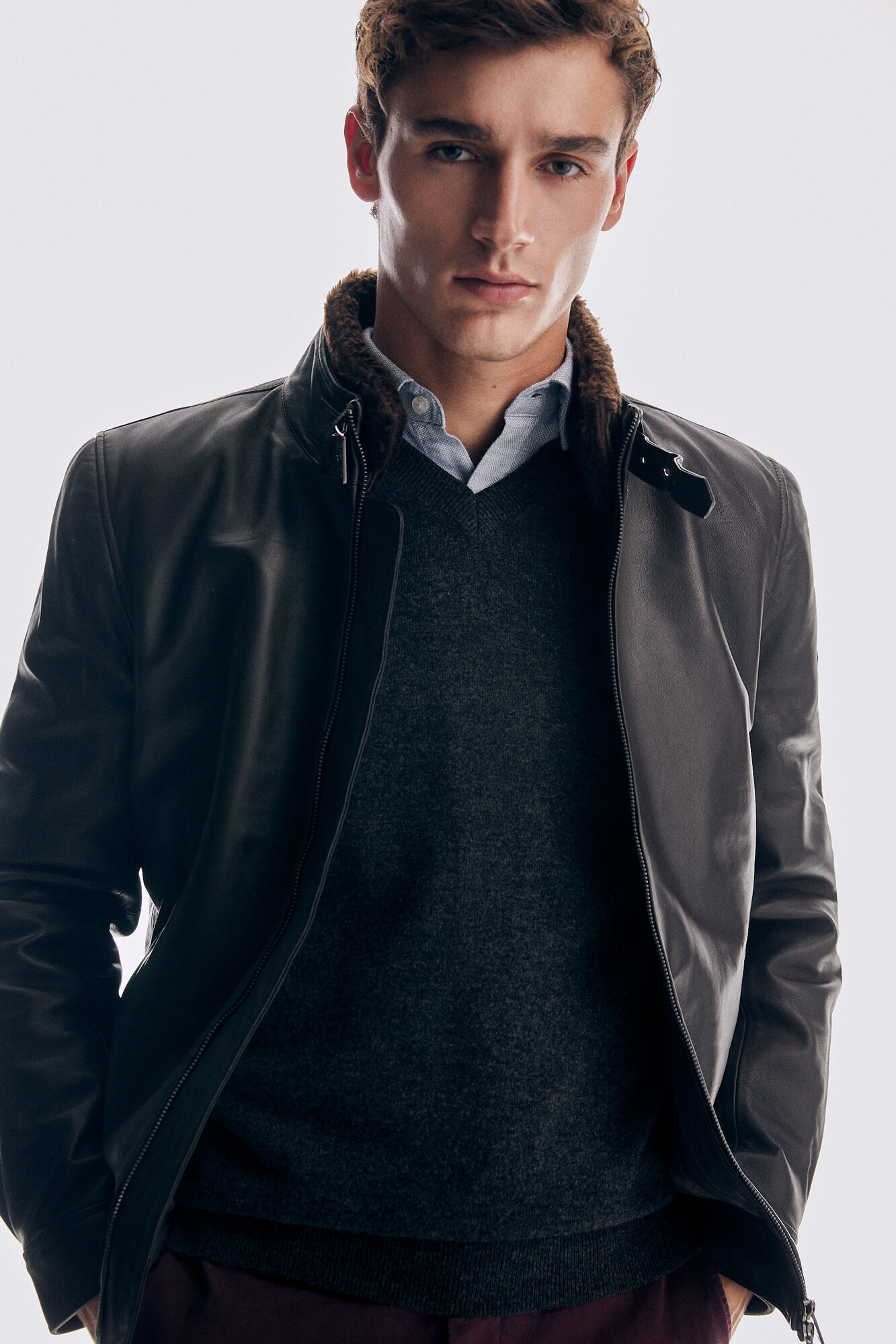 Pedro del Hierro Leather jacket fur collar Brown