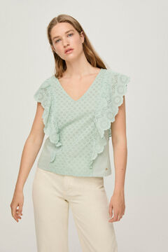 Pedro del Hierro T-shirt with ruffles and openwork Green