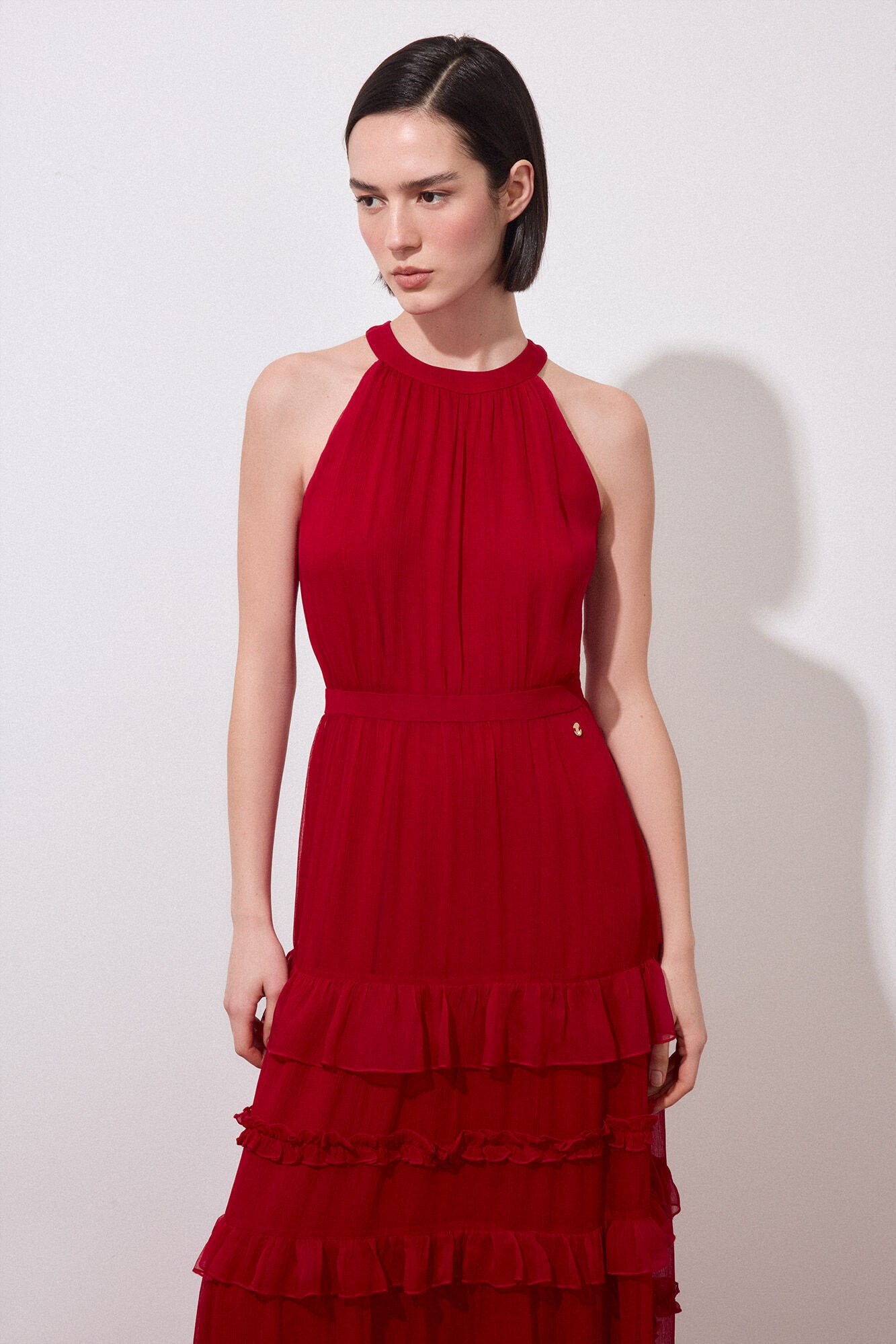 Pedro del Hierro Vestido largo halter volantes Rojo