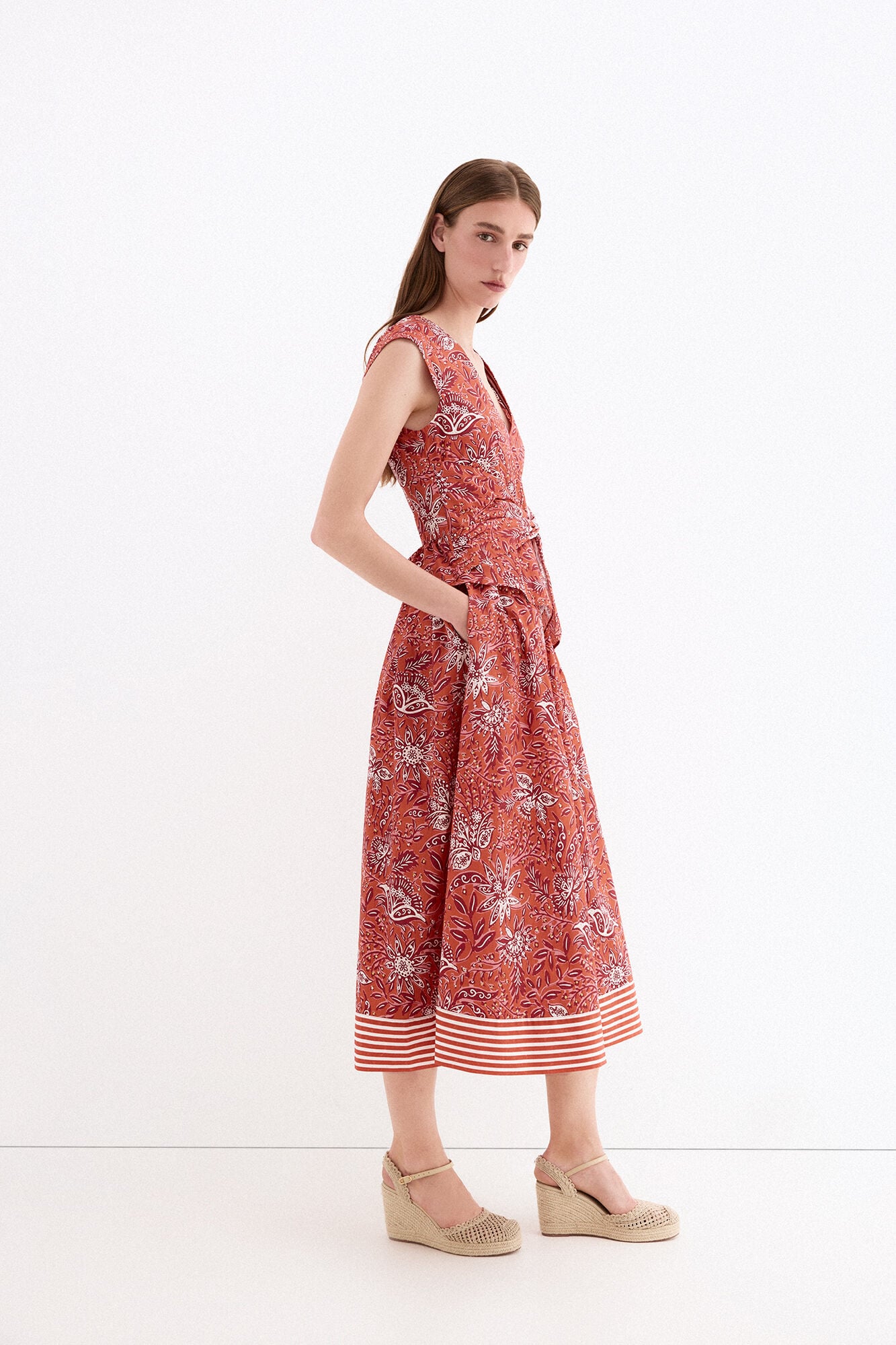 Pedro del Hierro Printed waist bow detail dress Beige