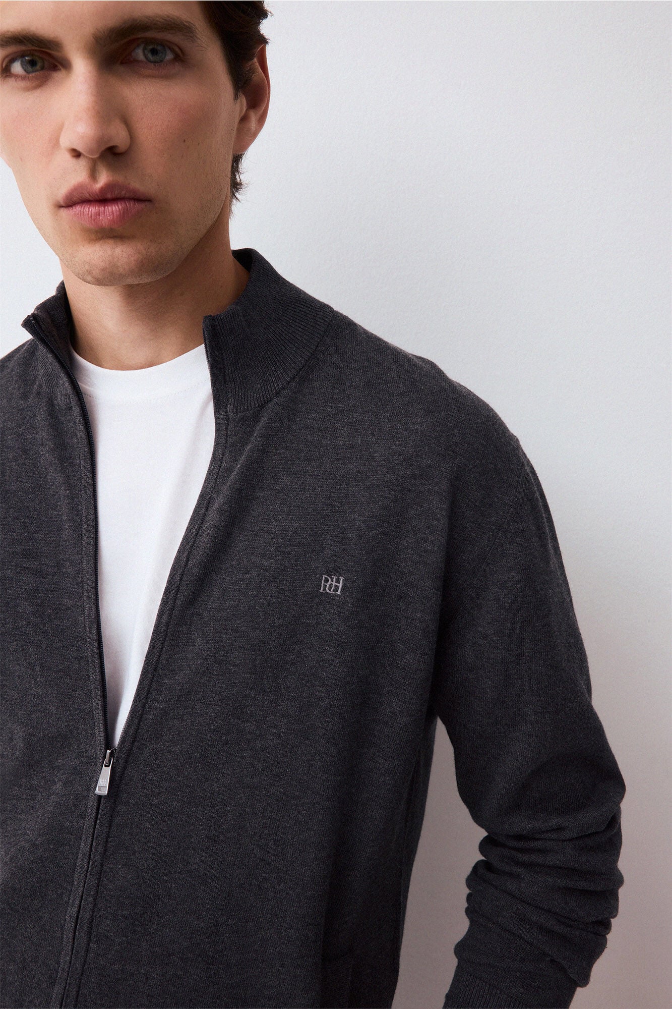 Pedro del Hierro Fine premium cotton zip fastening cardigan Grey