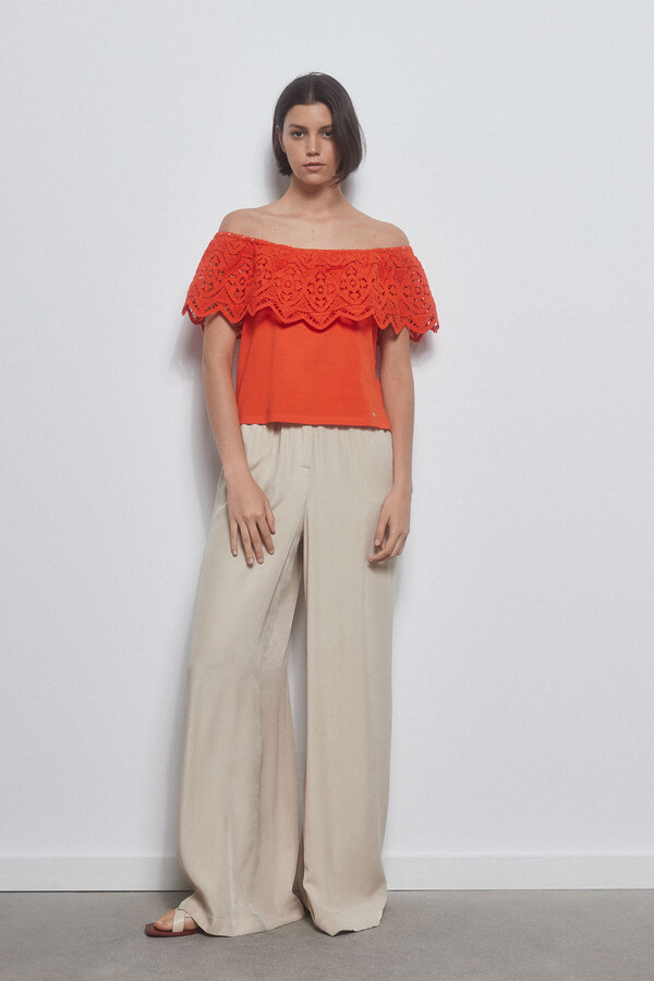 Pedro del Hierro T-shirt with crochet ruffle Red