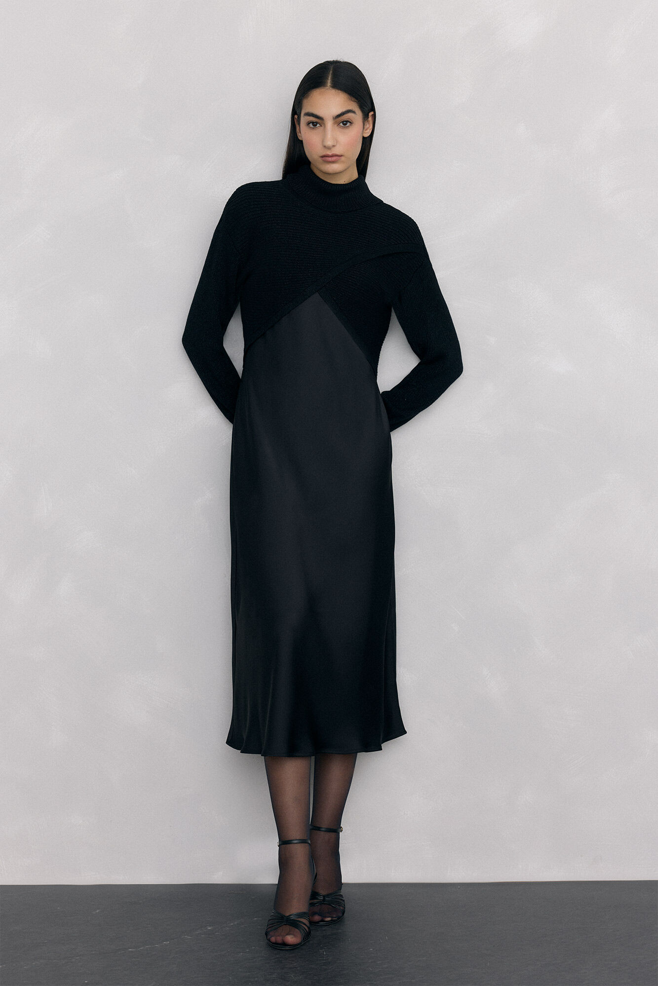 Pedro del Hierro Satin dress combined with lurex jersey-knit top
