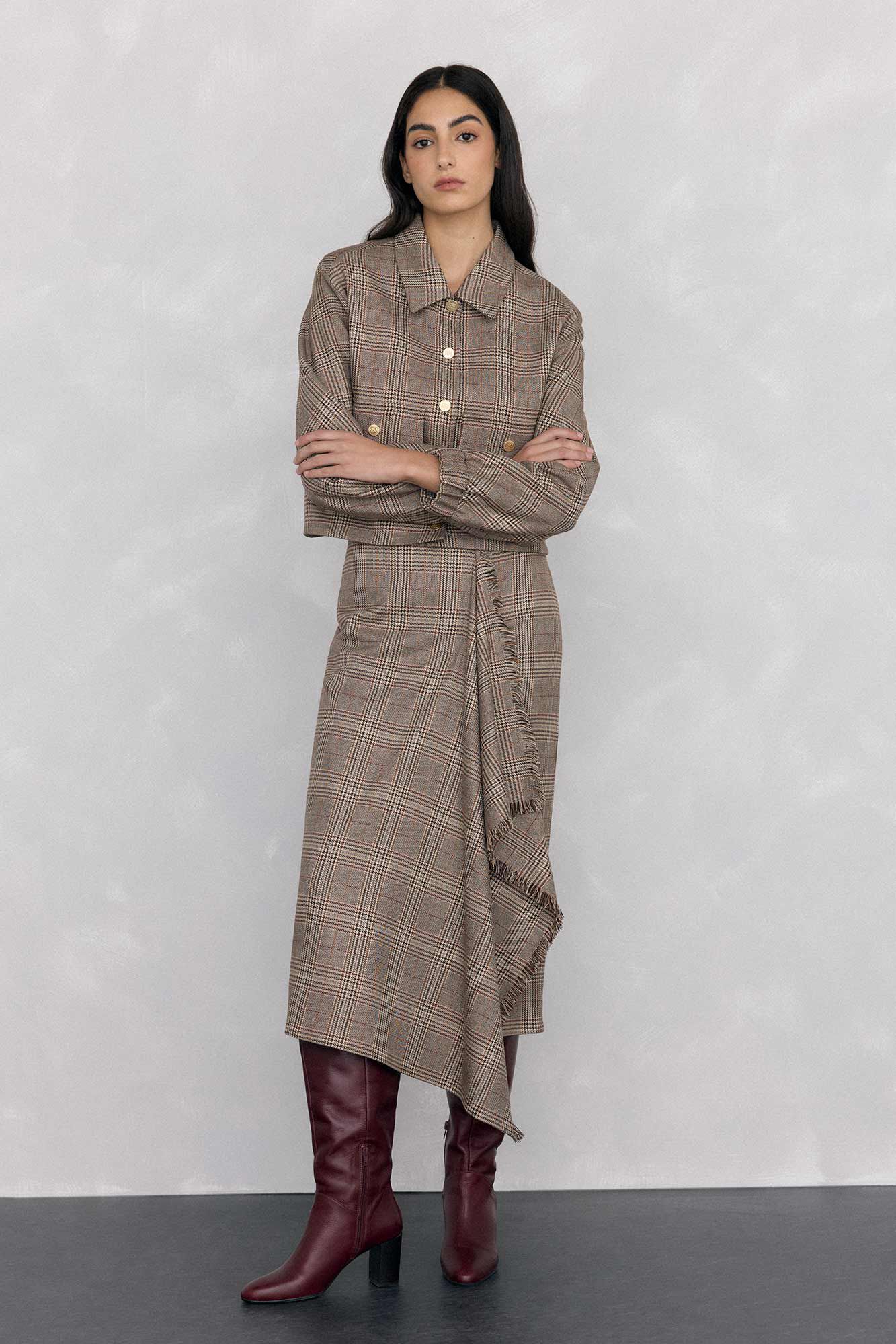 Pedro del Hierro Checkered midi skirt with frayed ruffle