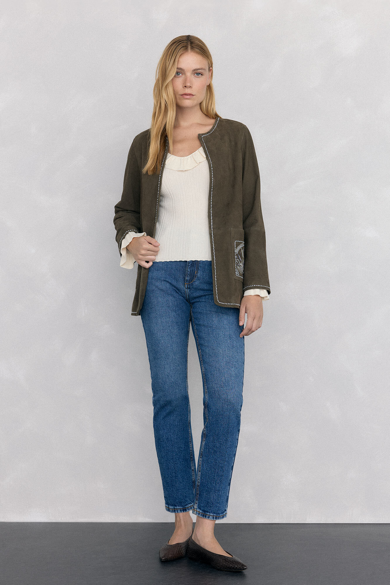 Pedro del Hierro Ribbed jersey-knit top with ruffle Ecru