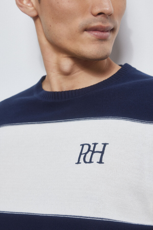 Pedro del Hierro Striped round neck jumper with logo  Blue