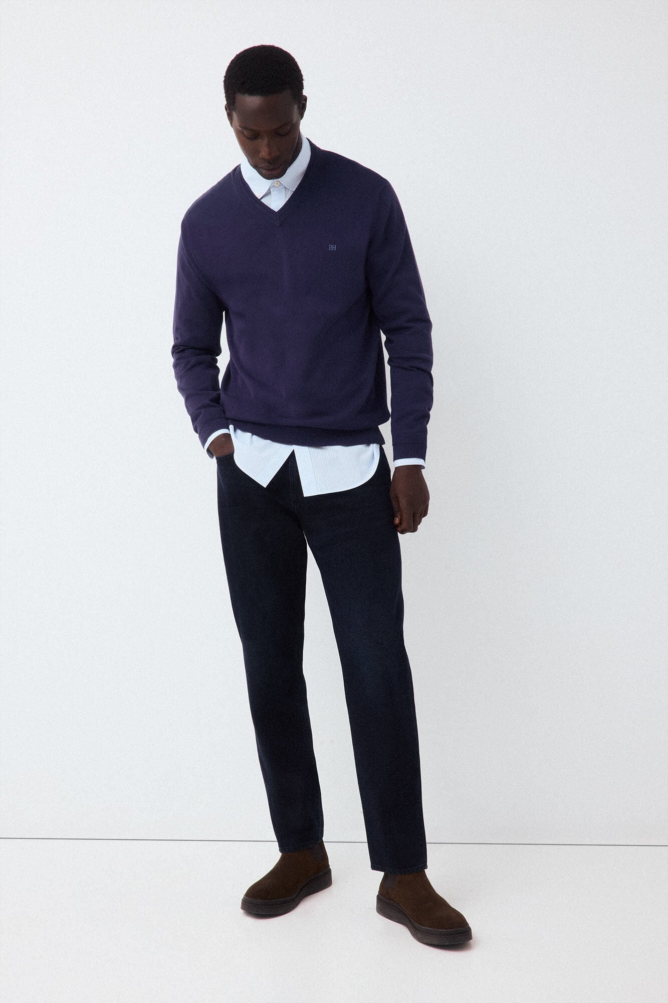 Pedro del Hierro Premium cotton fine knit V-neck jumper Blue