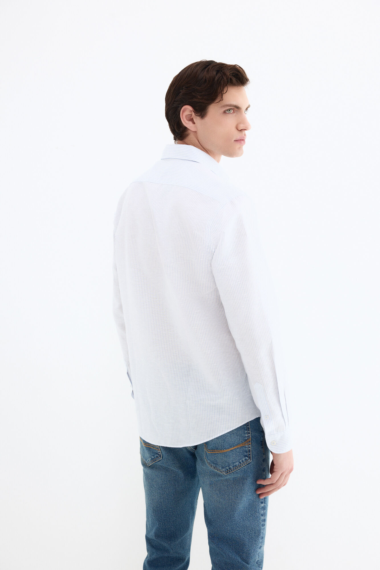 Pedro del Hierro Linen striped easy-iron dress shirt Blue