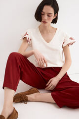 Pedro del Hierro Embroidered ruffle short sleeve T-shirt Ecru