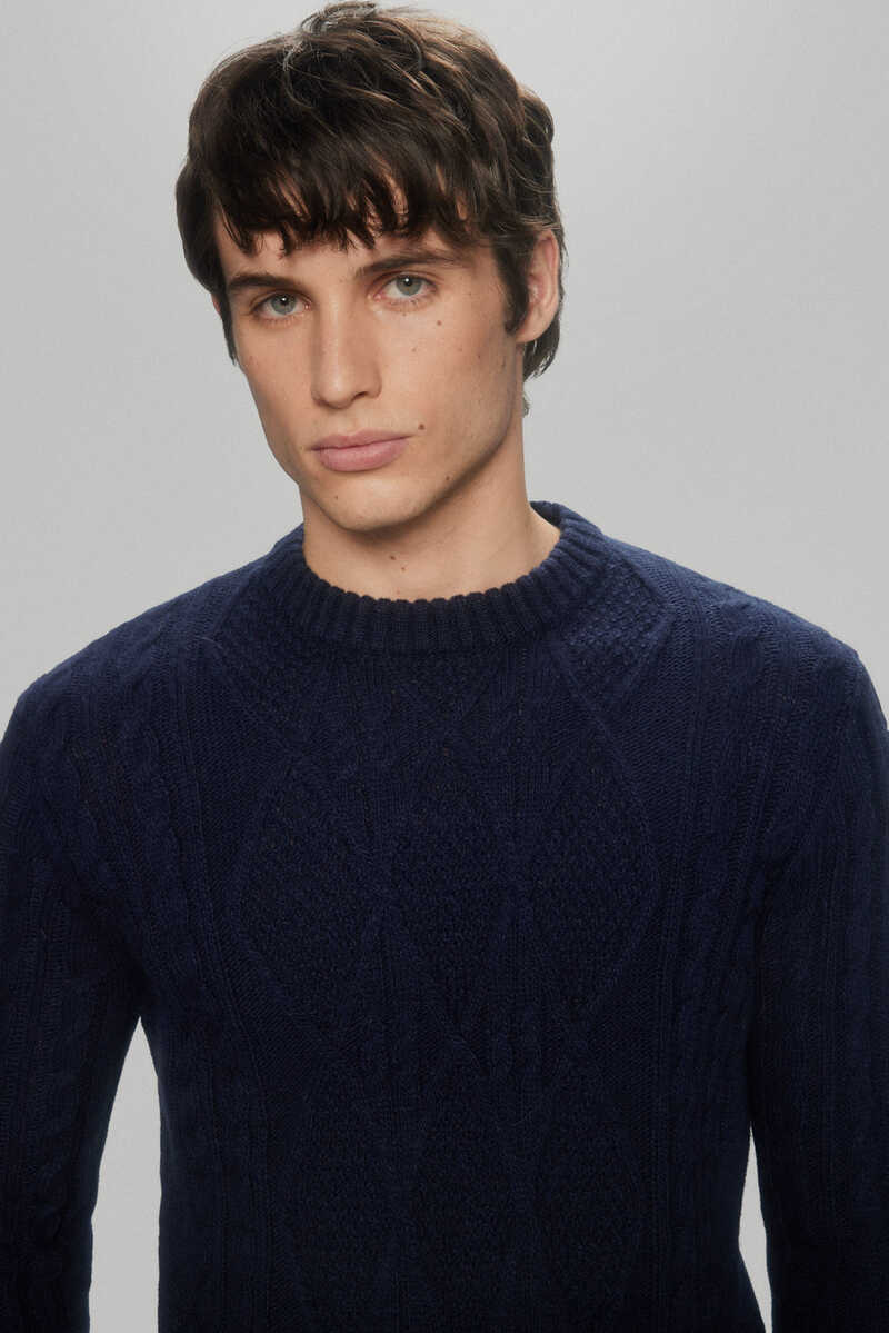 Pedro del Hierro Round neck cable knit jumper with wool Blue