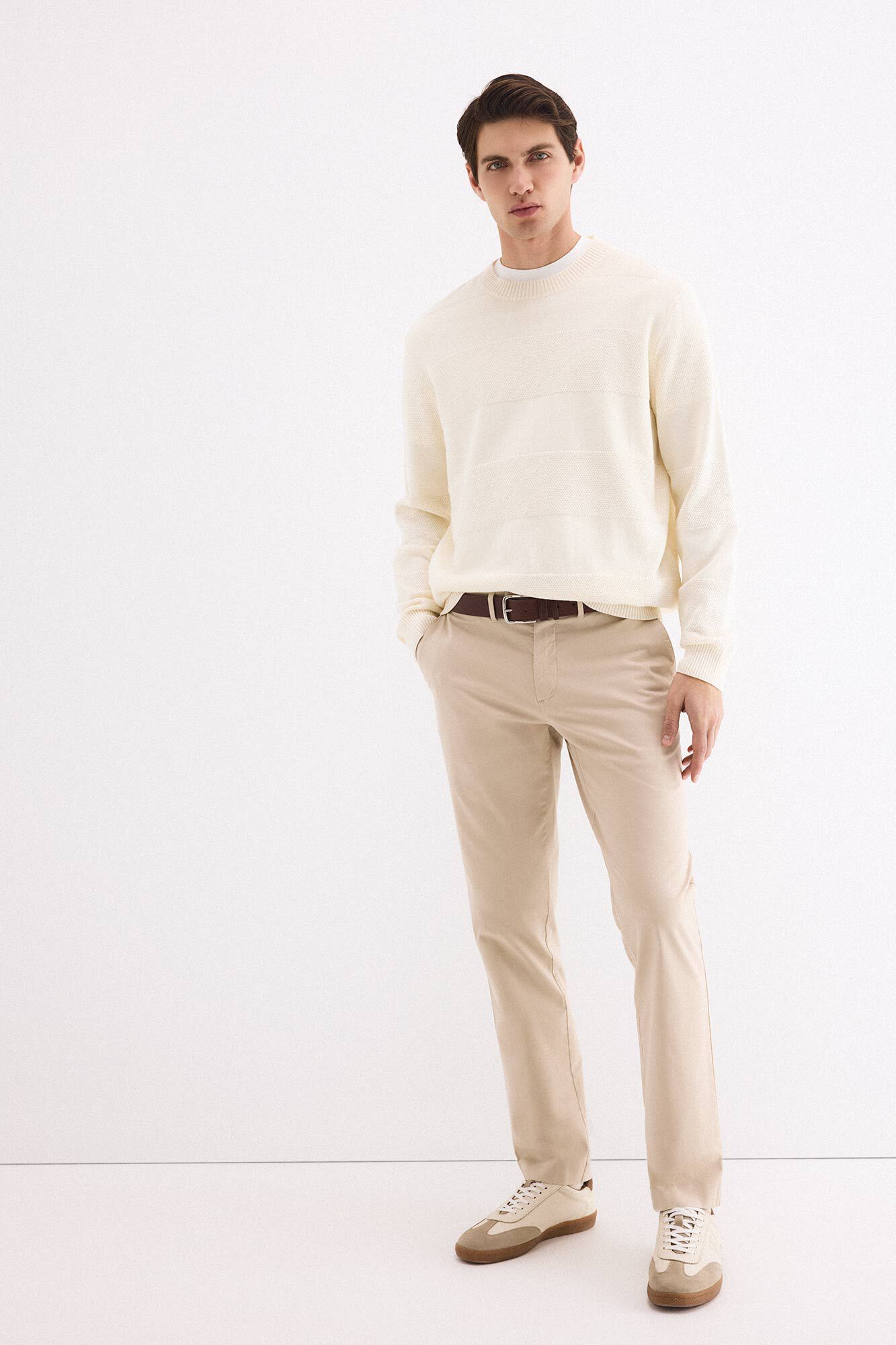 Pedro del Hierro Cotton textured round neck jumper Ecru