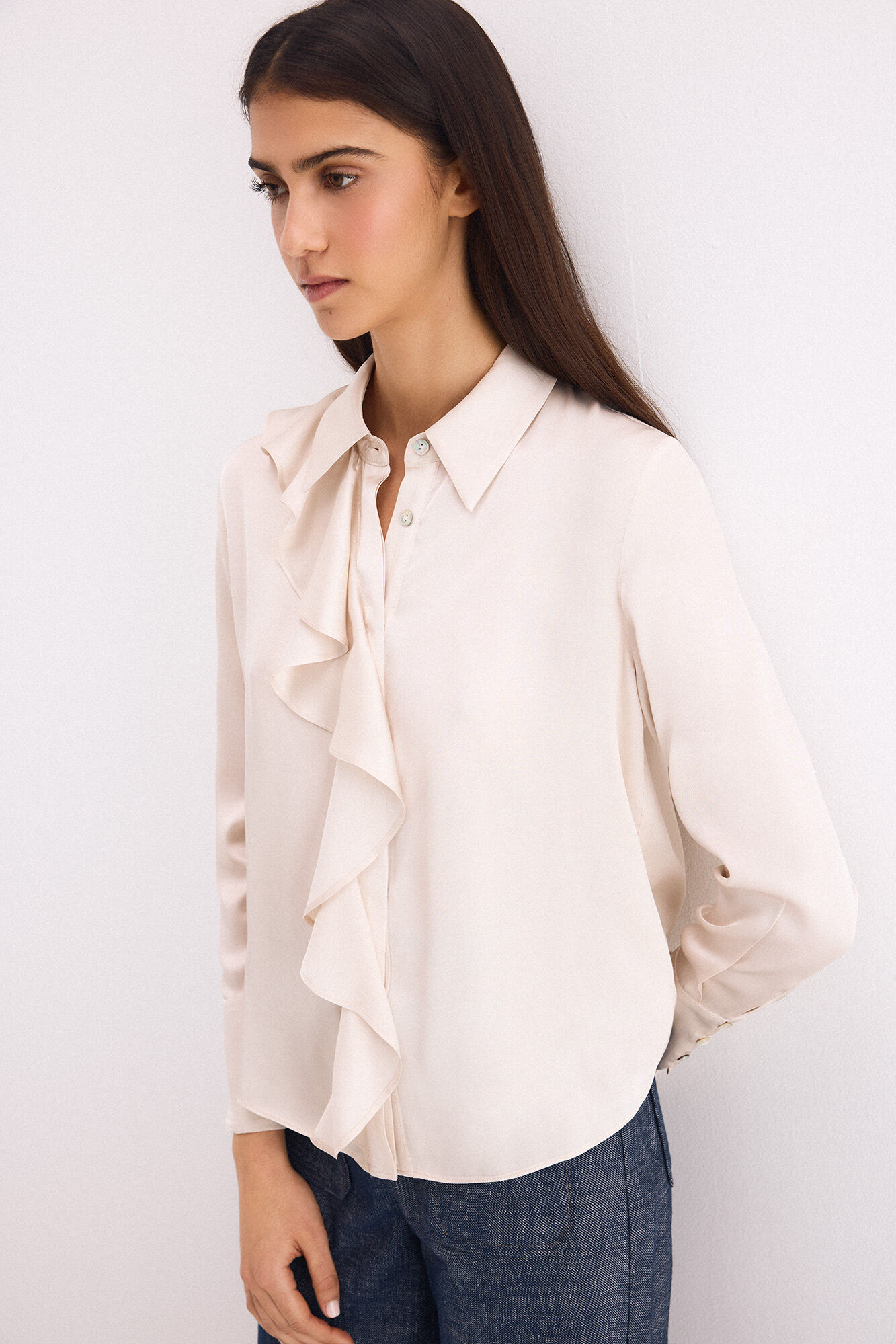 Pedro del Hierro Satin ruffle shirt Beige