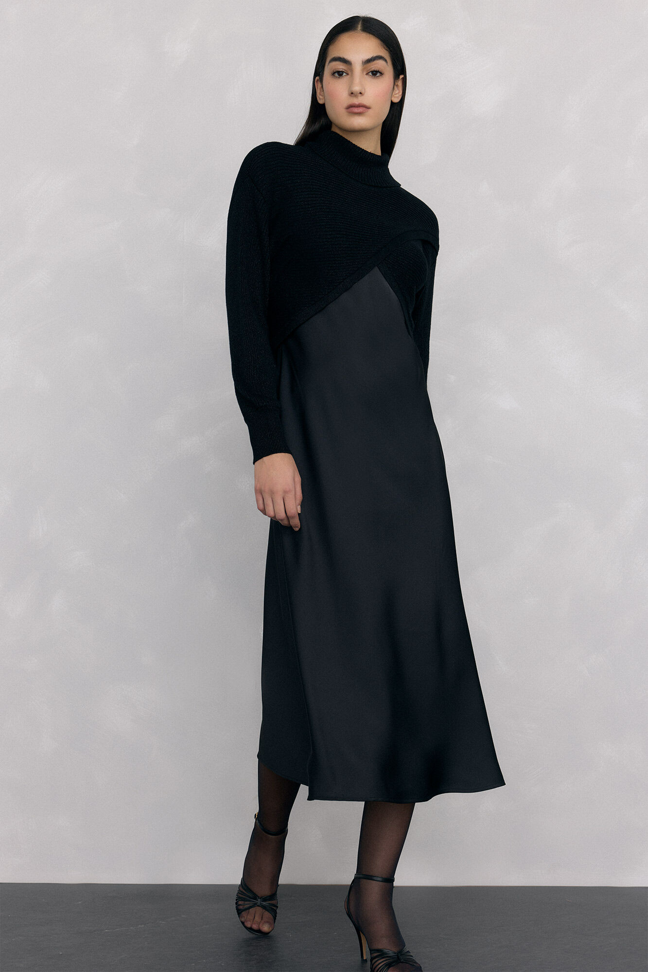 Pedro del Hierro Satin dress combined with lurex jersey-knit top Black