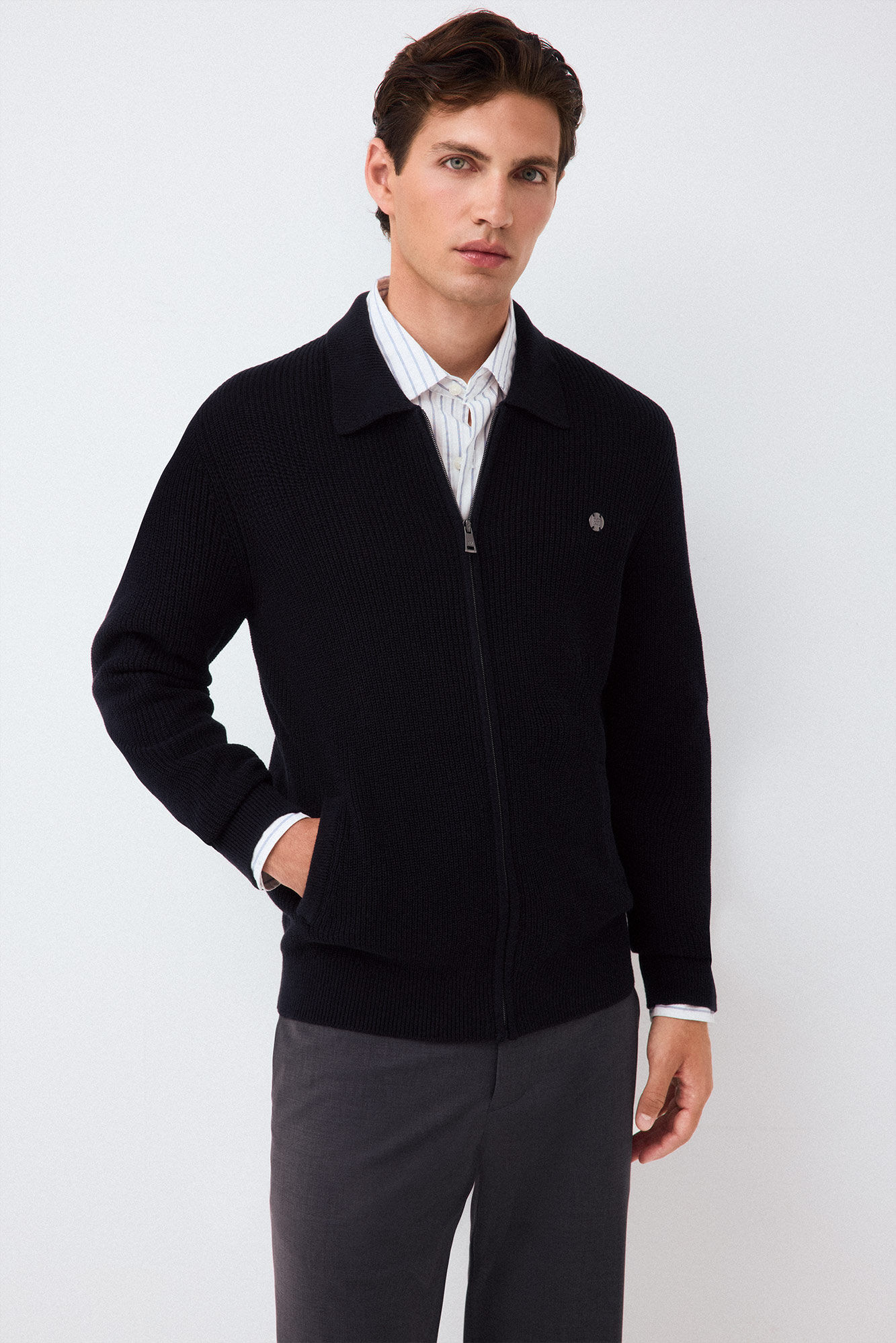 Pedro del Hierro Polo neck knit structure cardigan with zip fastening