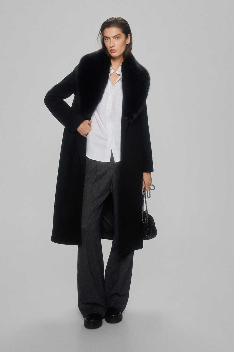 Pedro del Hierro Cloth coat with detachable fur collar Black