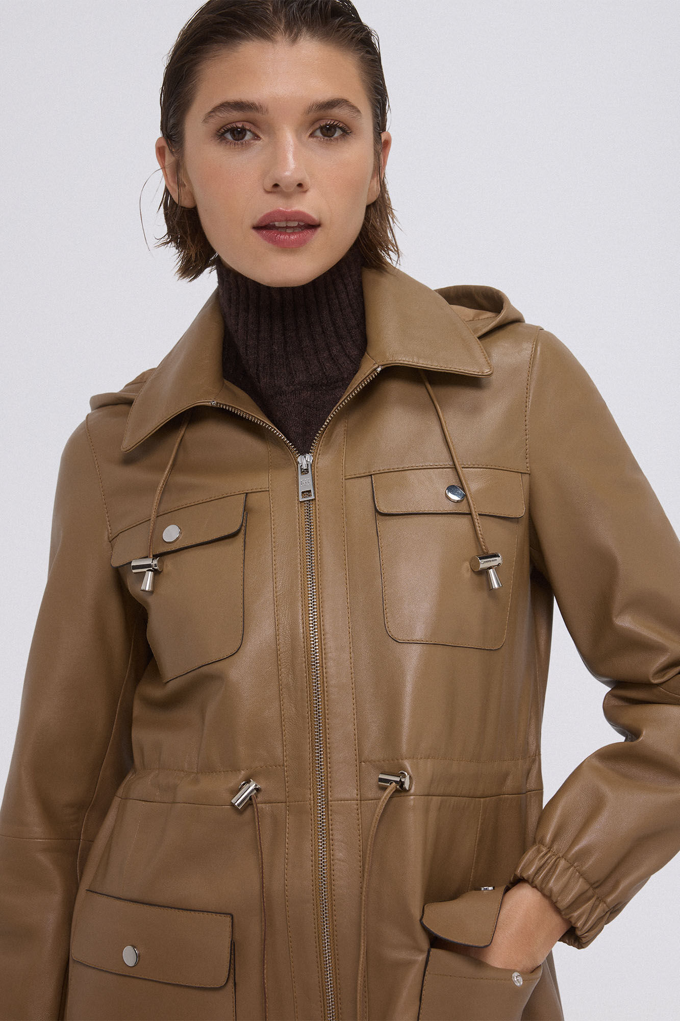 Pedro del Hierro Parka de piel Marr&oacute;n