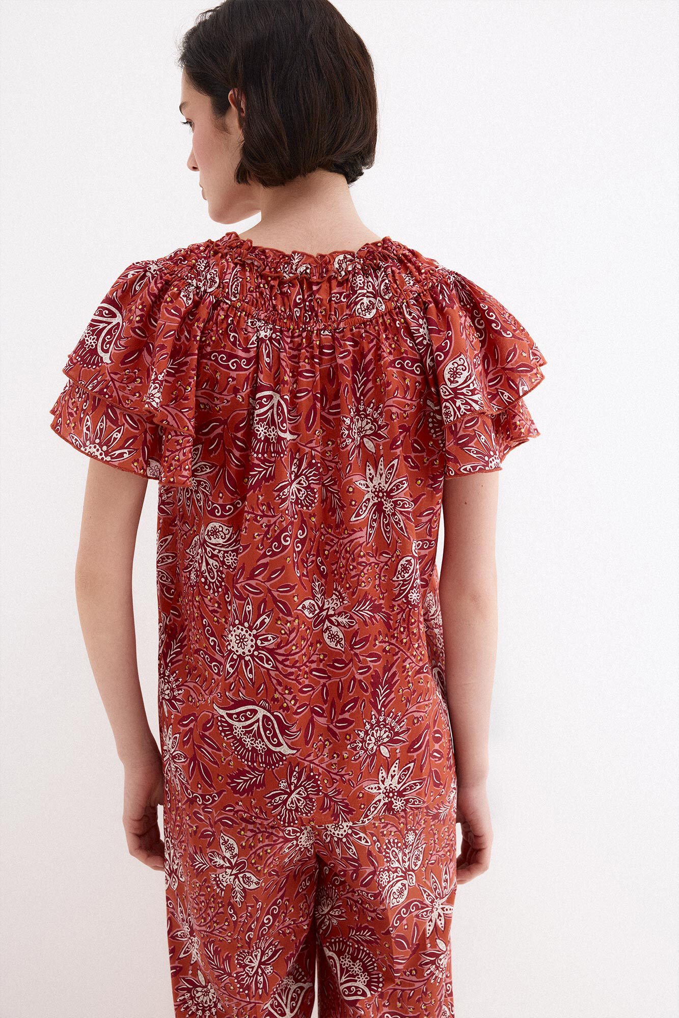 Pedro del Hierro Printed ruffle sleeve blouse Beige