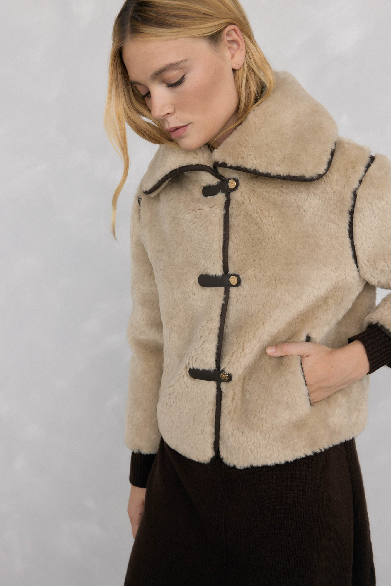 Pedro del Hierro Jaqueta de pele com fecho de press&atilde;o Ecru