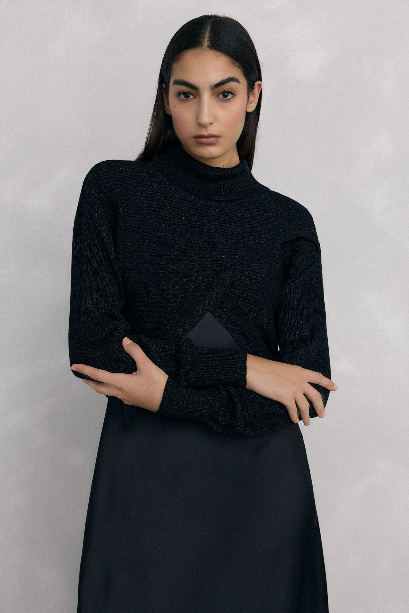 Pedro del Hierro Satin dress combined with lurex jersey-knit top