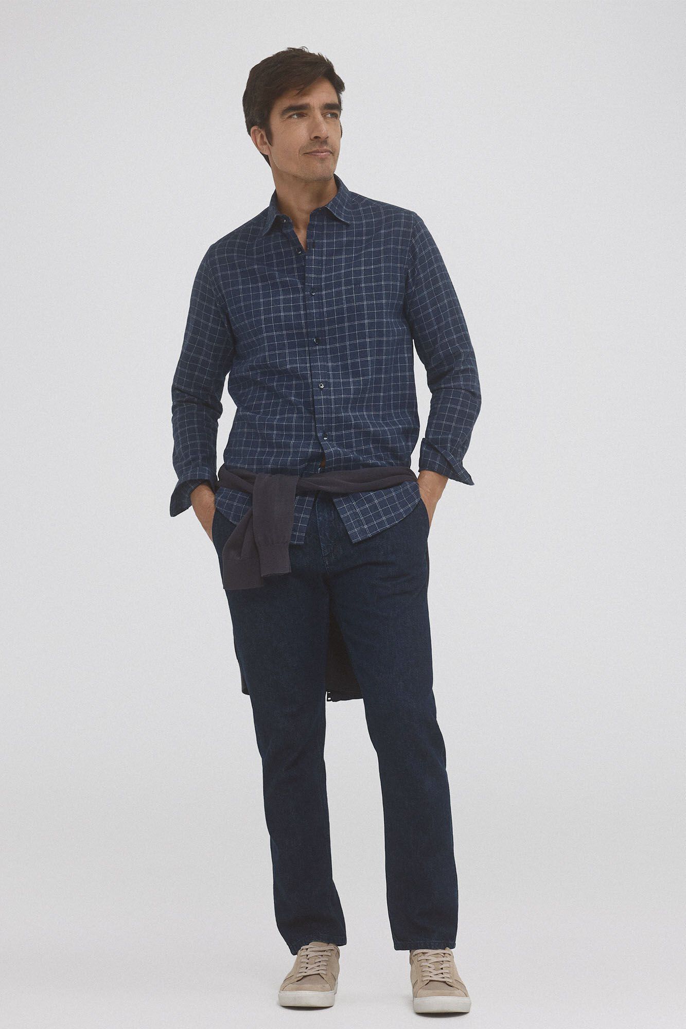 Pedro del Hierro Checked cashmere touch twill shirt Blue