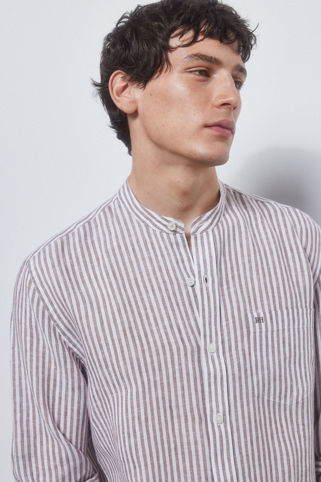 Pedro del Hierro Linen mandarin collar shirt Beige