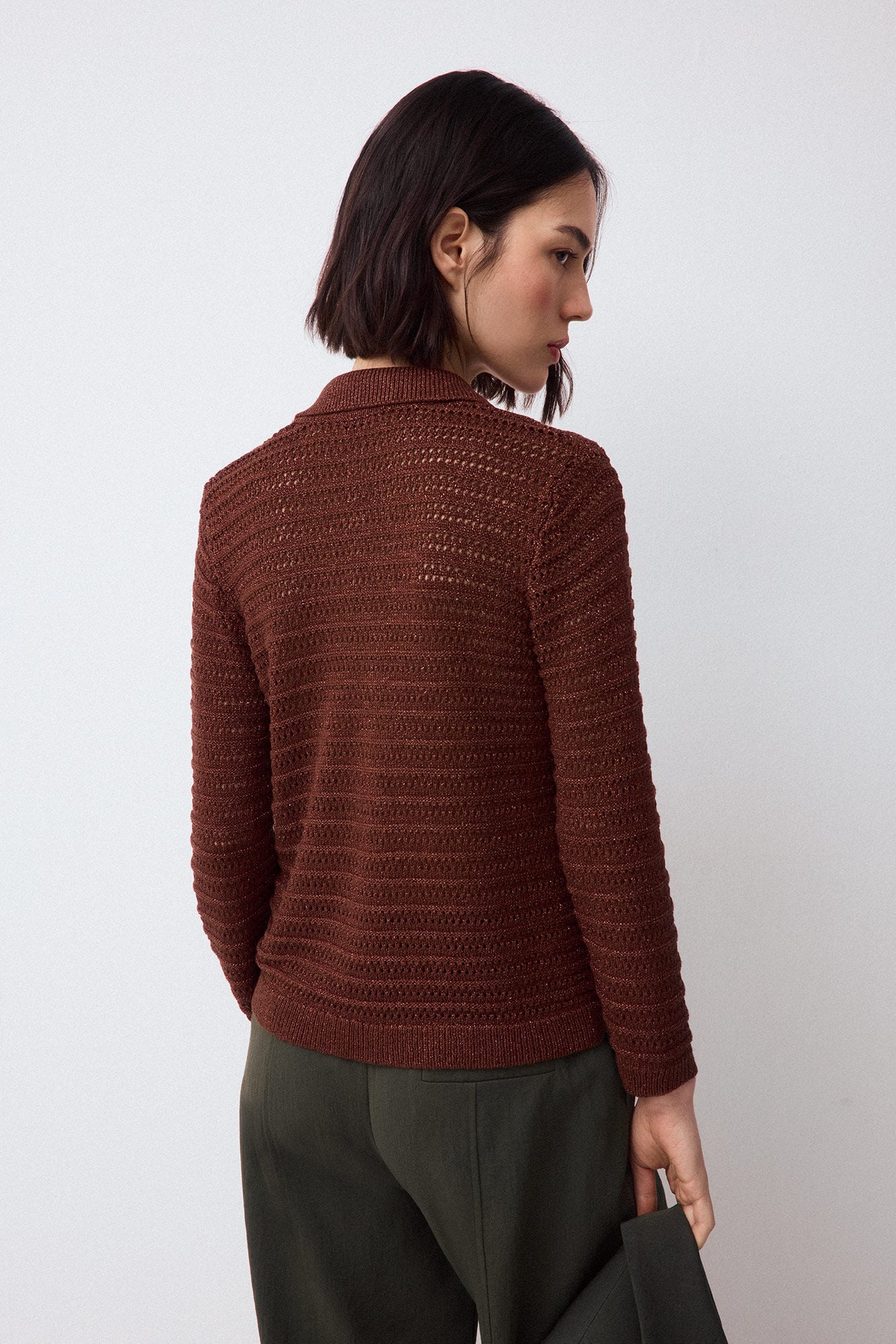 Pedro del Hierro Lurex openwork polo neck jumper Brown