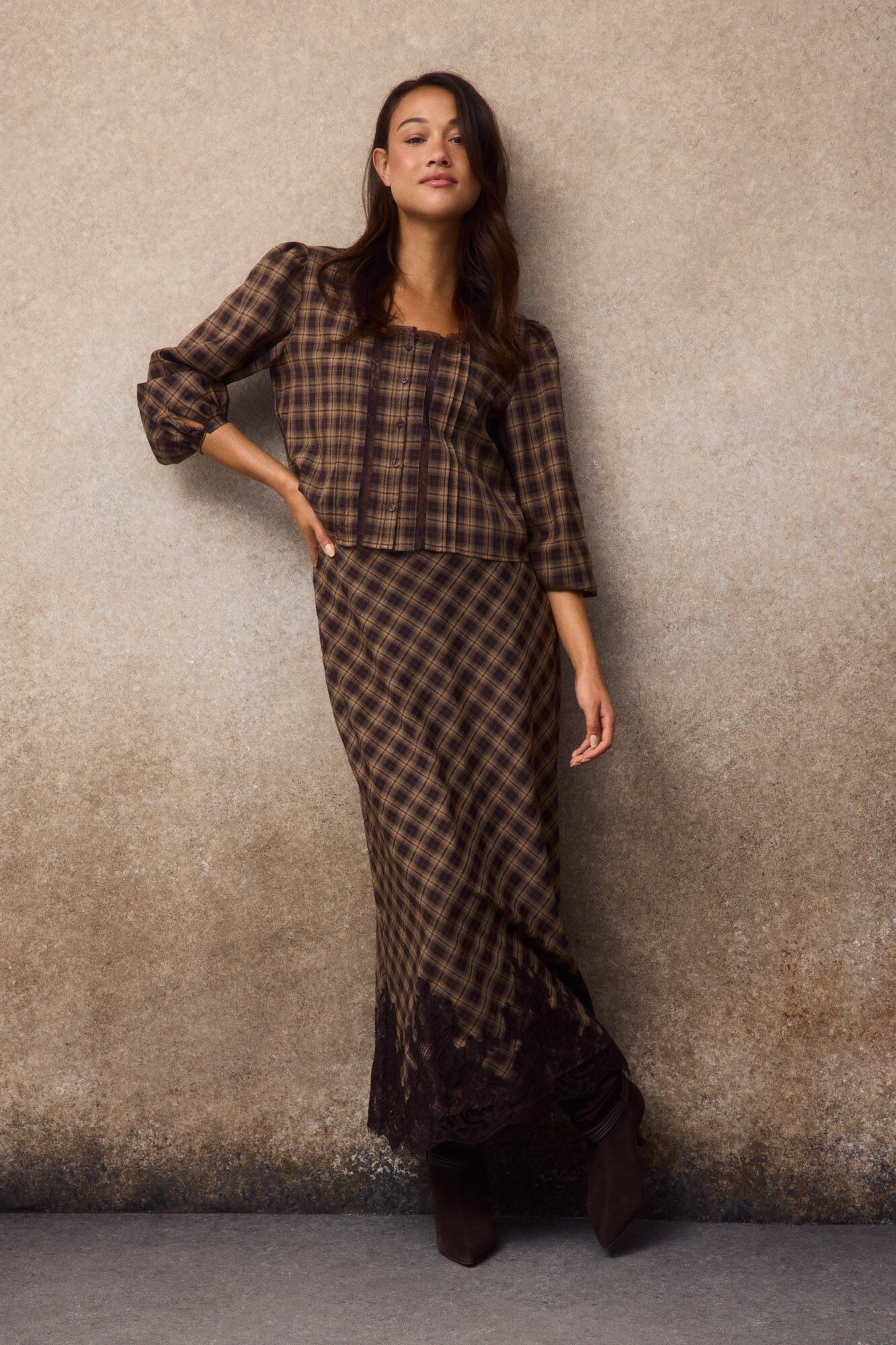 Slowlove Blusa cuadros Estampado marr&oacute;n