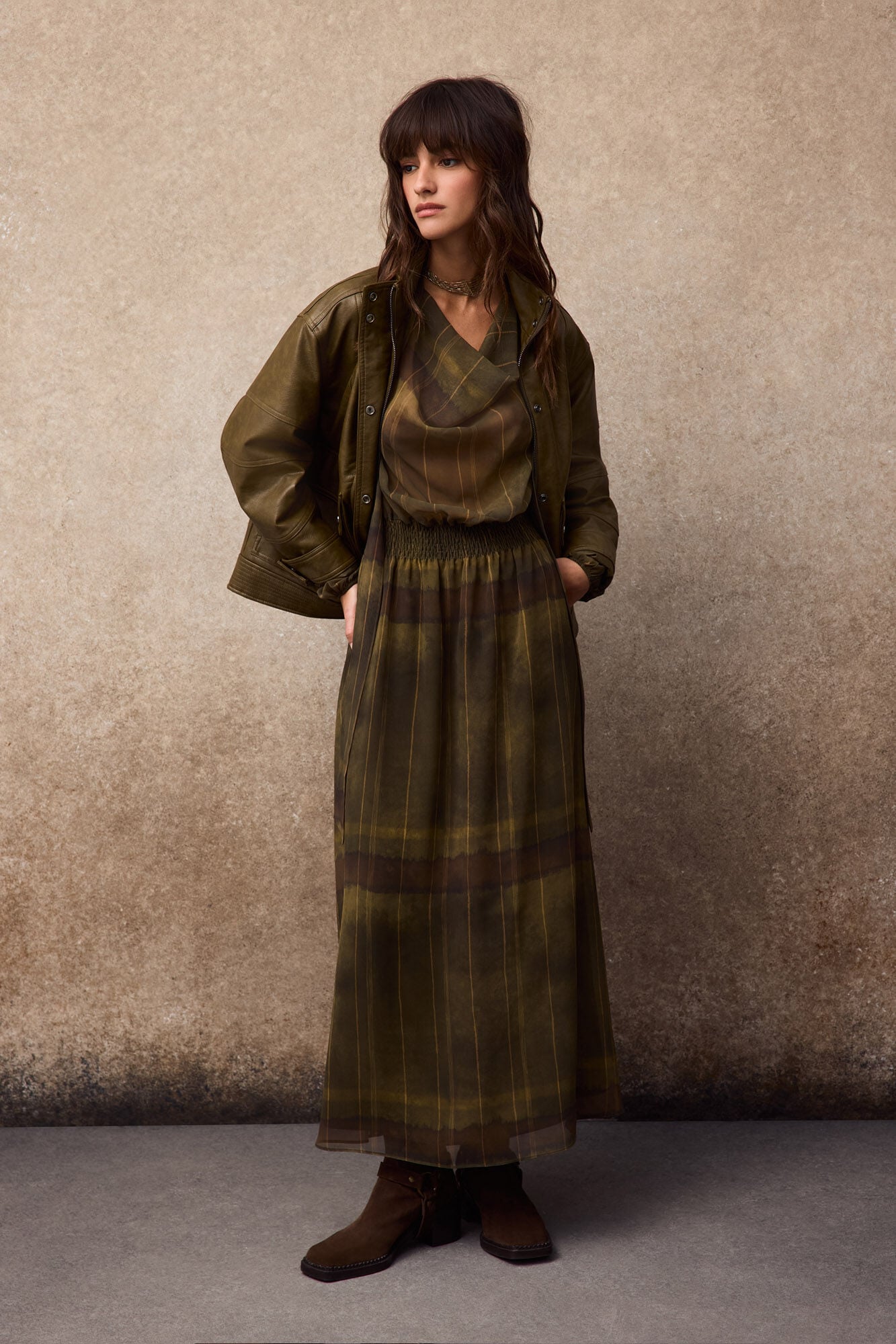 Slowlove Draped long dress Printed green