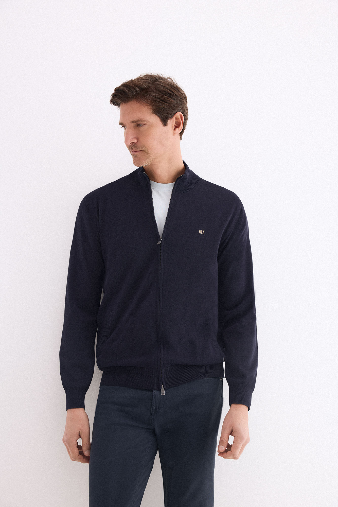 Premium cotton jersey-knit zip fastening cardigan