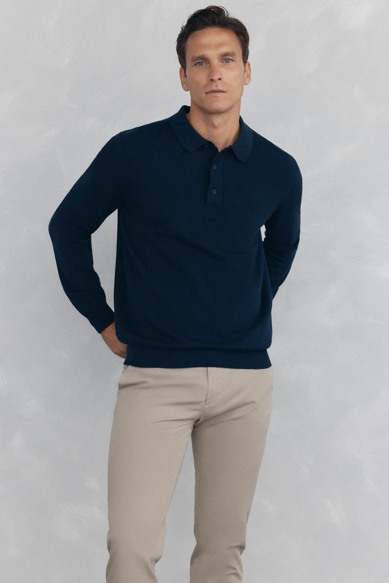 Fine knit structured polo shirt neck jersey-knit Men's jumpers